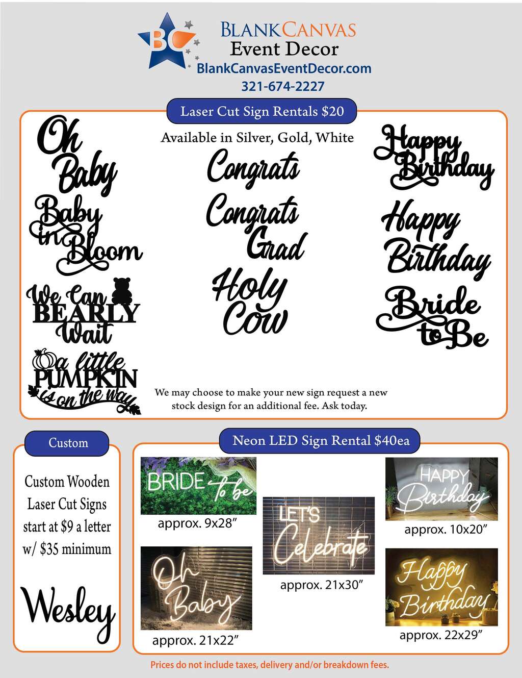 Backdrop Sign Style and Price Sheet by Blank Canvas Event Decor in Melbourne FL