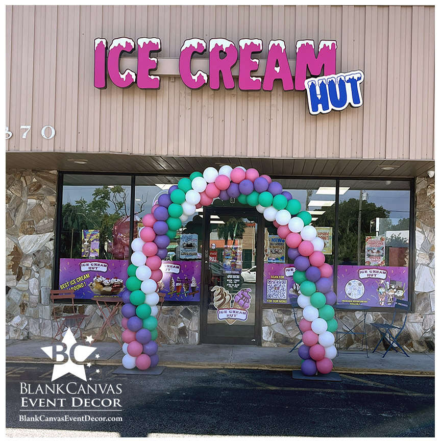 Pink, Mint, Lilac and White Spial Balloon Arch for a Ribbon Cutting at the Ice Cream Hut in Palm Bay FL